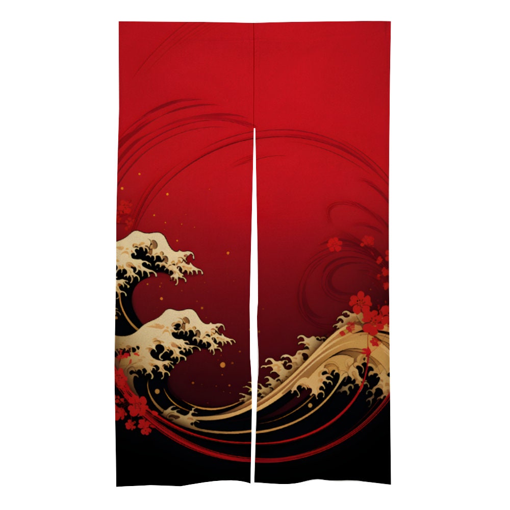 Japanese Noren Door Curtain - Red Great Wave Curtain - Room Divider for Home Decoration - Japanese Door Curtain- Red Noren