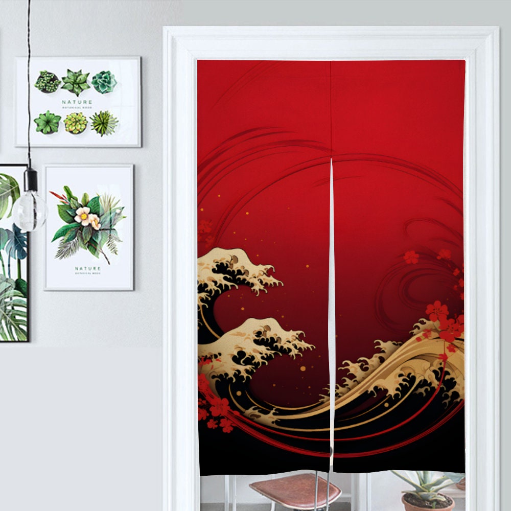 Japanese Noren Door Curtain - Red Great Wave Curtain - Room Divider for Home Decoration - Japanese Door Curtain- Red Noren