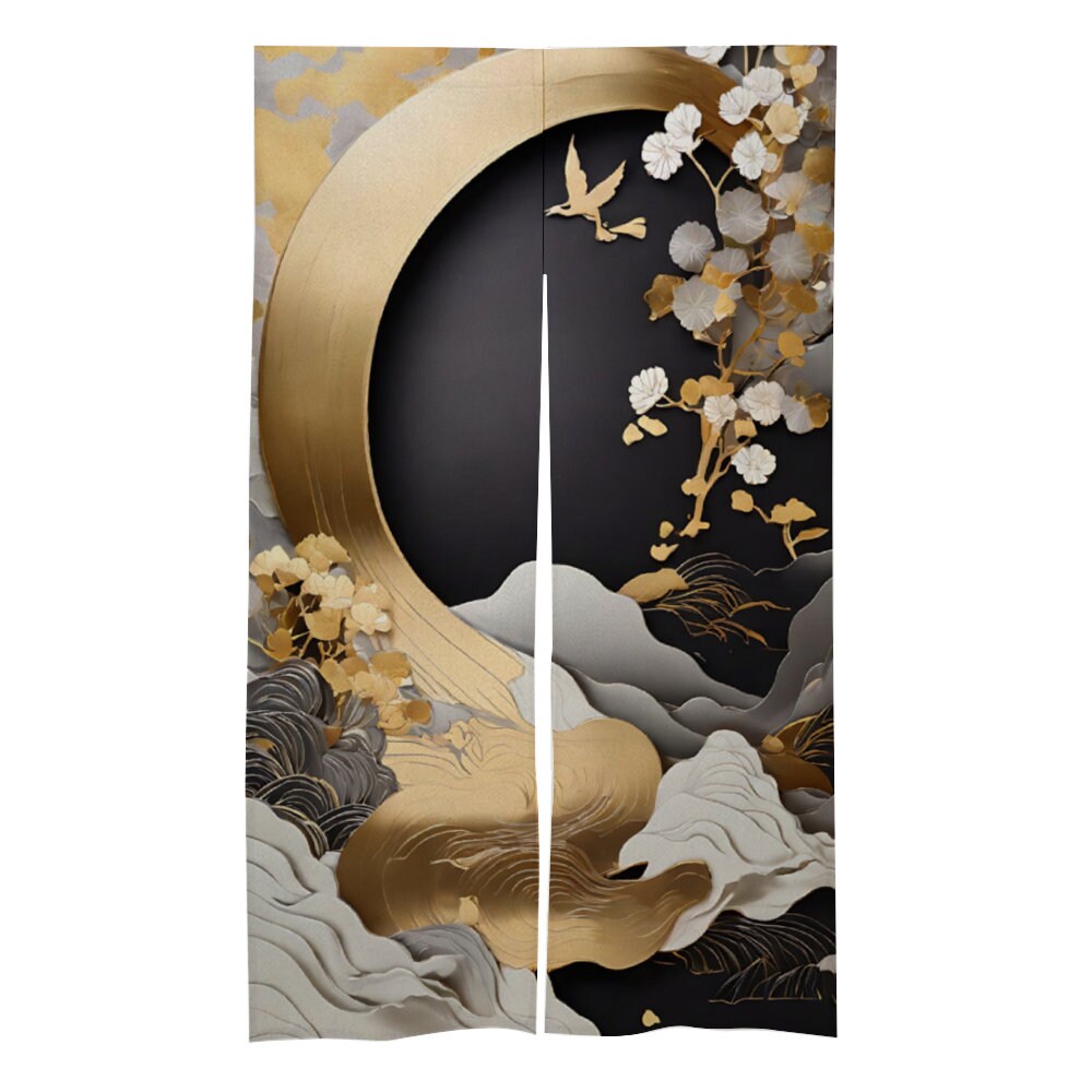 Japanese Gold Floral Pattern Noren, Japanese Door Curtain, Japanese Pattern Curtain, Japanese Floral curtain, Door Curtain, Room Divider