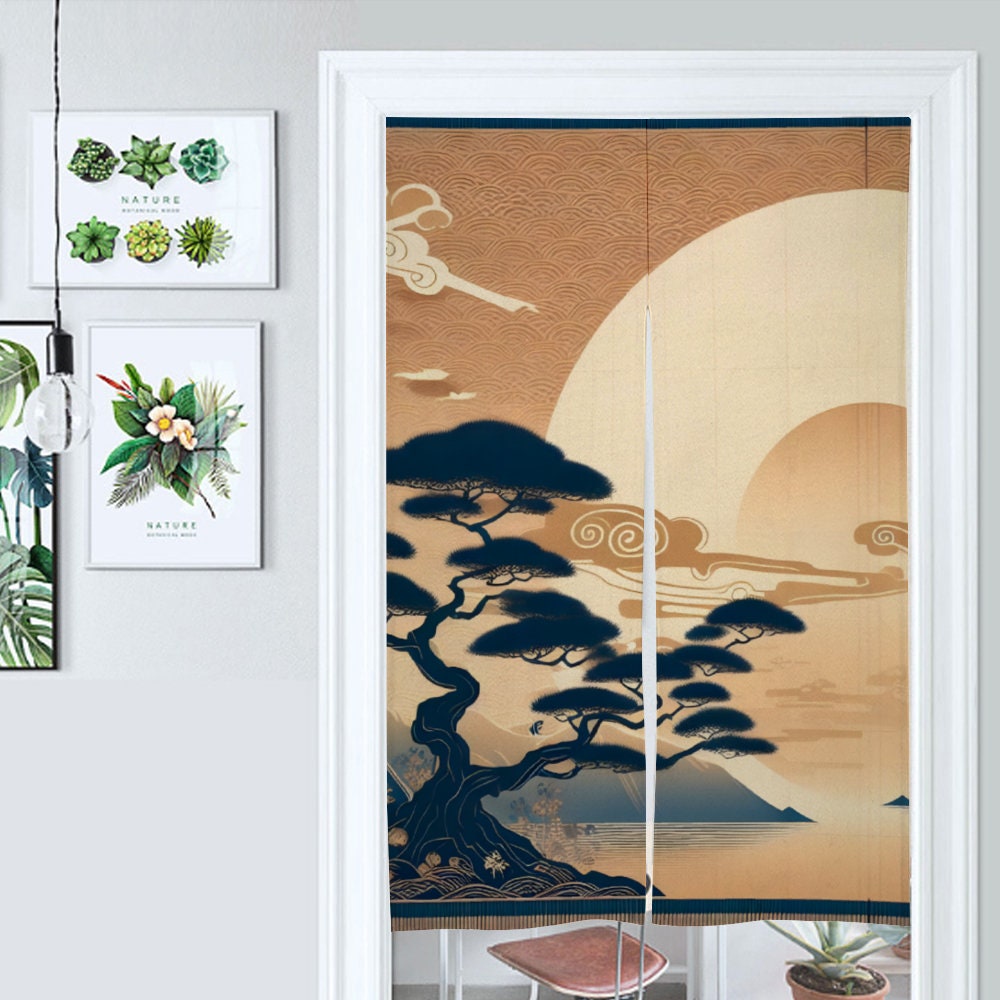 Japanese Noren, Japanese Landscape artwork featuring a bonsai tree and lake, Japanese Traditional Noren Curtain, Japanese Doorway Curtain