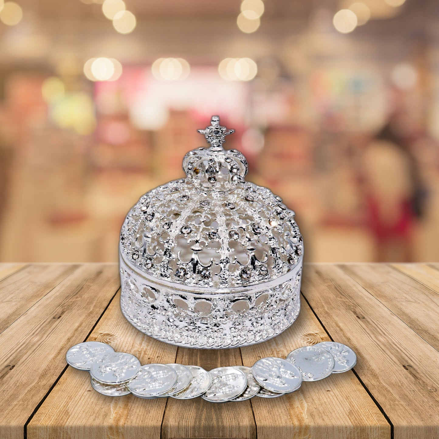 Wedding Arras, Elegant Silver Crown Wedding Arras with 13 coins set, Ring Box, Arras de Boda