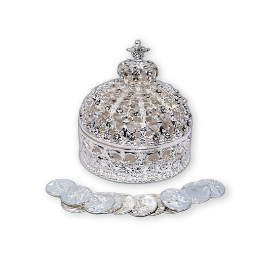 Wedding Arras, Elegant Silver Crown Wedding Arras with 13 coins set, Ring Box, Arras de Boda