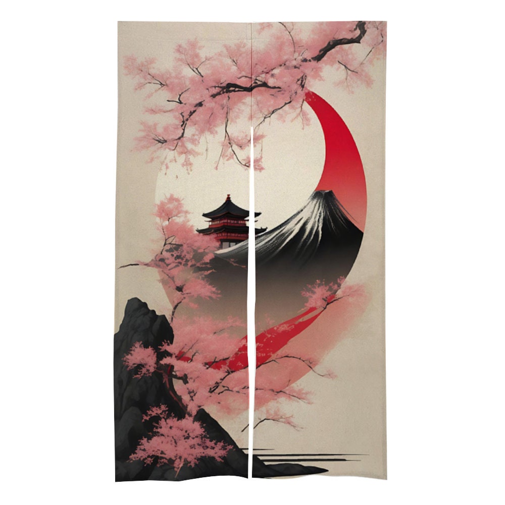 Japanese Noren, Japanese Landscape Door Curtain, Japanese Landscape Pattern Hemp Curtain, Mount Fuji curtain, Door Curtain, Room Divider