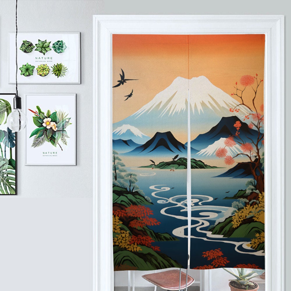 Japanese Mt Fuji Noren, Japanese Door Curtain, Japanese Landscape Pattern Hemp Curtain, Mount Fuji curtain, Door Curtain, Room Divider