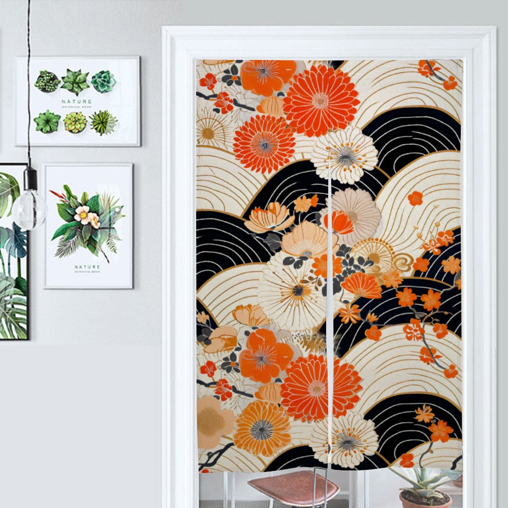 Japanese Floral Noren Door Curtain - Japanese Flower Pattern Room Divider for Home Decoration - Japanese Noren, Japanese Door Curtain