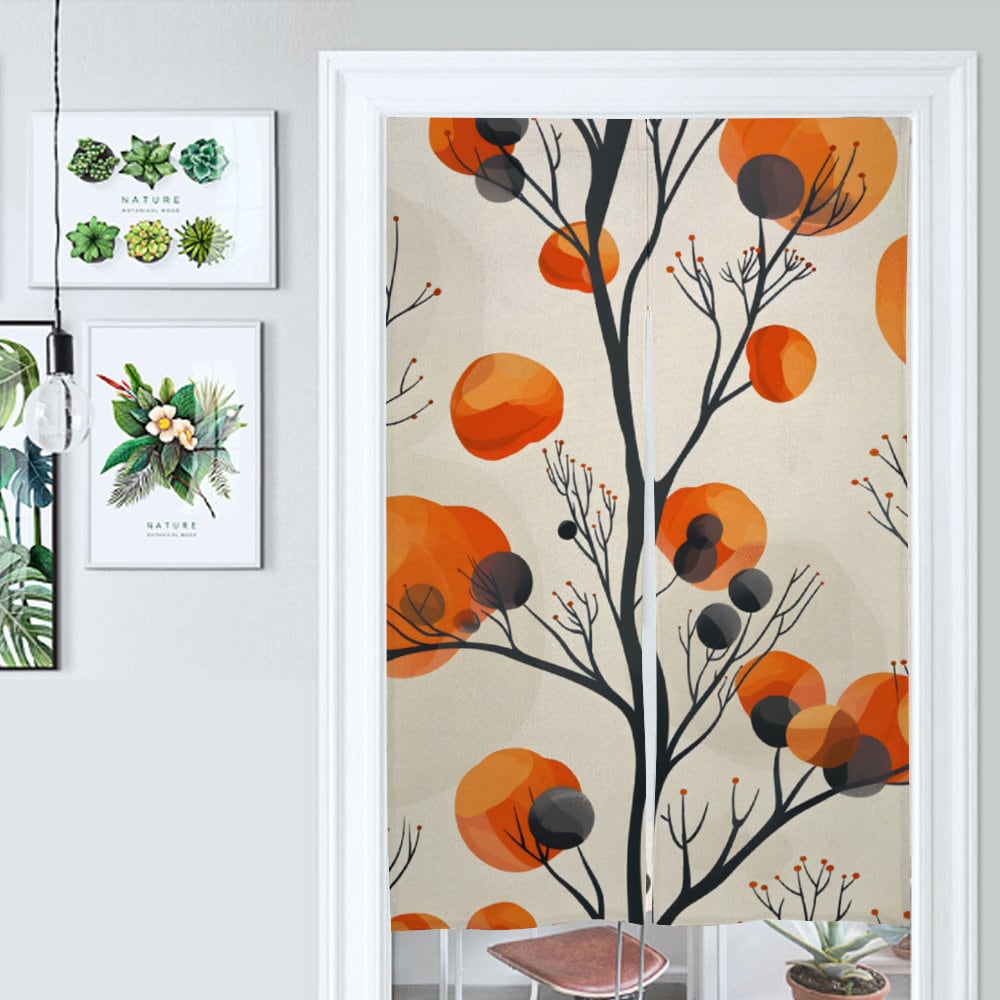 Japanese Noren, Abstract Orange Tree Curtain, Doorway Decoration, Doorway Curtain, Room Divider, Kitchen doorway Curtain