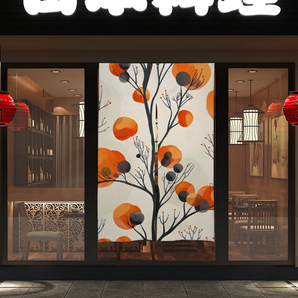 Japanese Noren, Abstract Orange Tree Curtain, Doorway Decoration, Doorway Curtain, Room Divider, Kitchen doorway Curtain