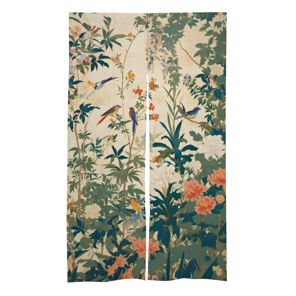 Japanese Birds in Wonderland Noren, Japanese Noren, Birds door curtain, oriental doorway curtain, Noren panel, Wall Tapestry