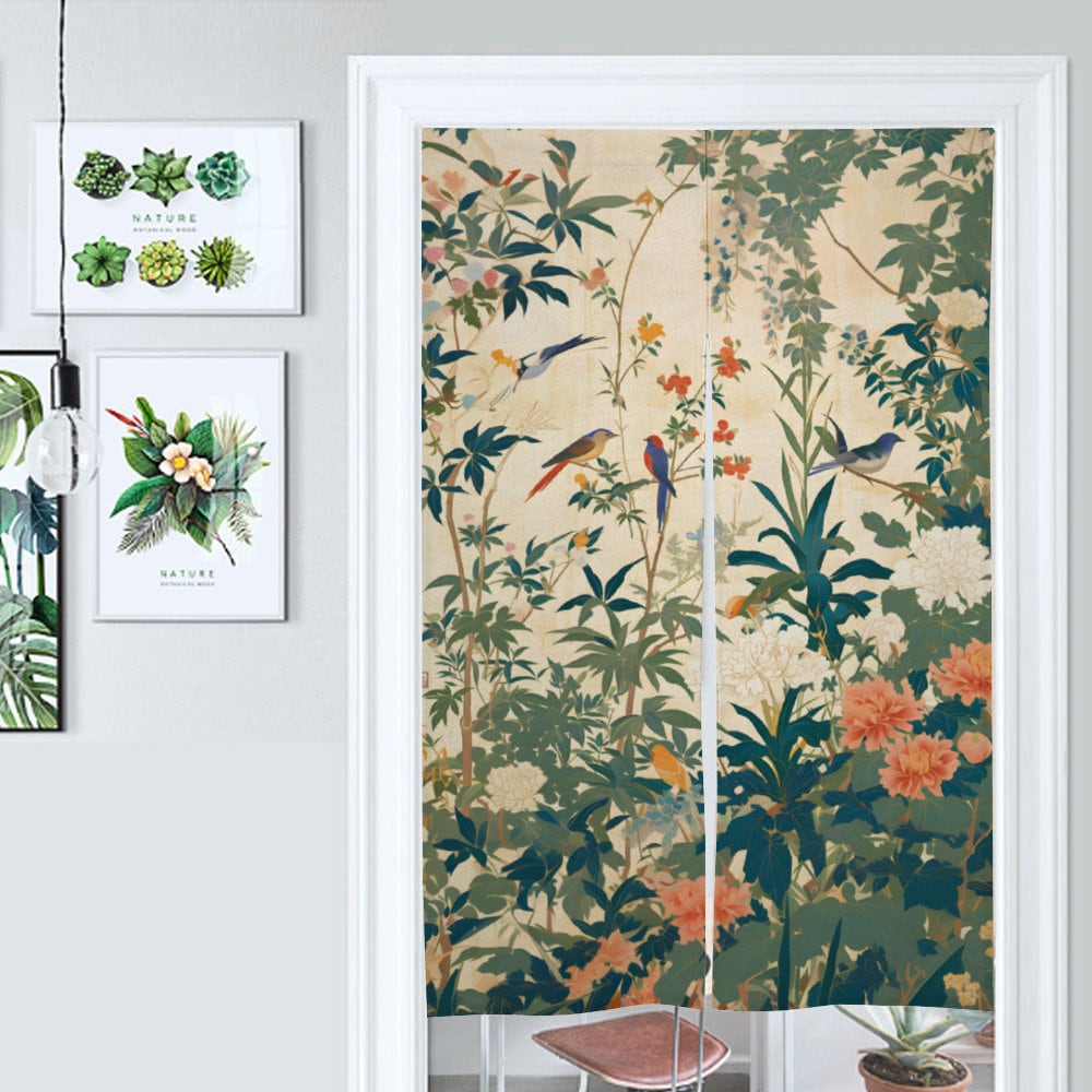 Japanese Birds in Wonderland Noren, Japanese Noren, Birds door curtain, oriental doorway curtain, Noren panel, Wall Tapestry