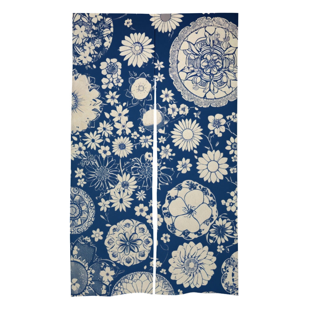 Japanese light indigo Noren, Japanese Mixed Floral Pattern Door Curtain, Curtain for Home Decoration, Doorway, Wall Hanging, Room Dividers