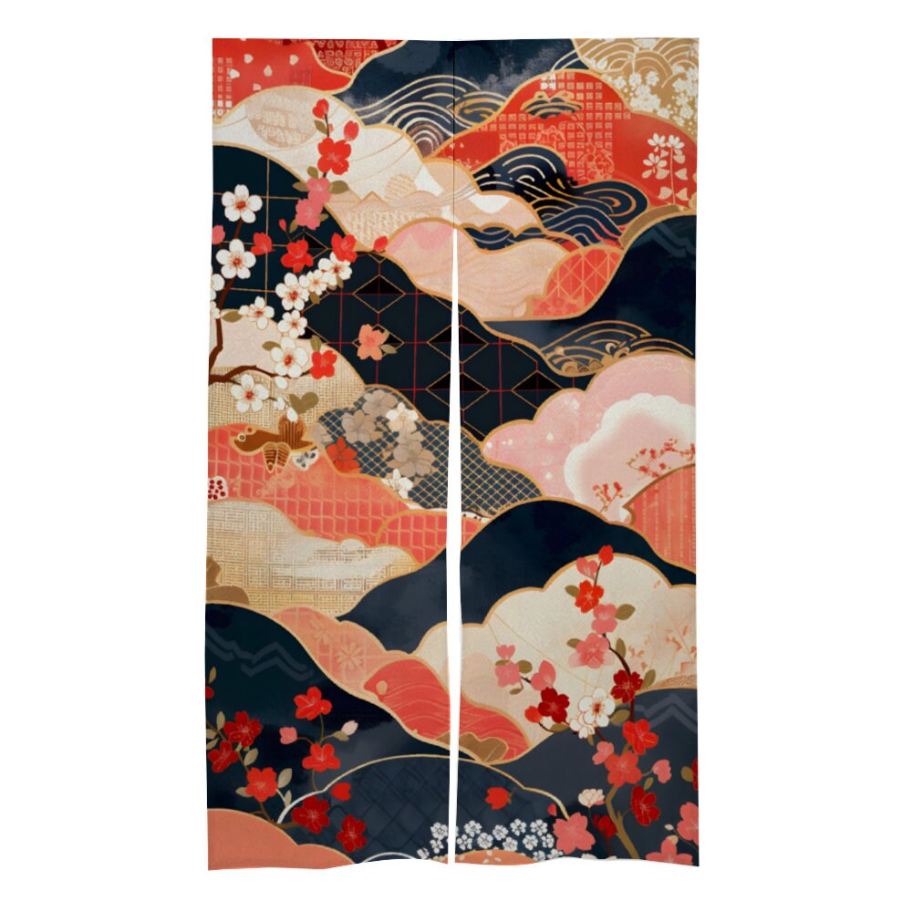 Japanese Floral Noren Door Curtain - Japanese Curtain with Abstract cherry blossoms Pattern and Geometric Shapes - Japanese Noren