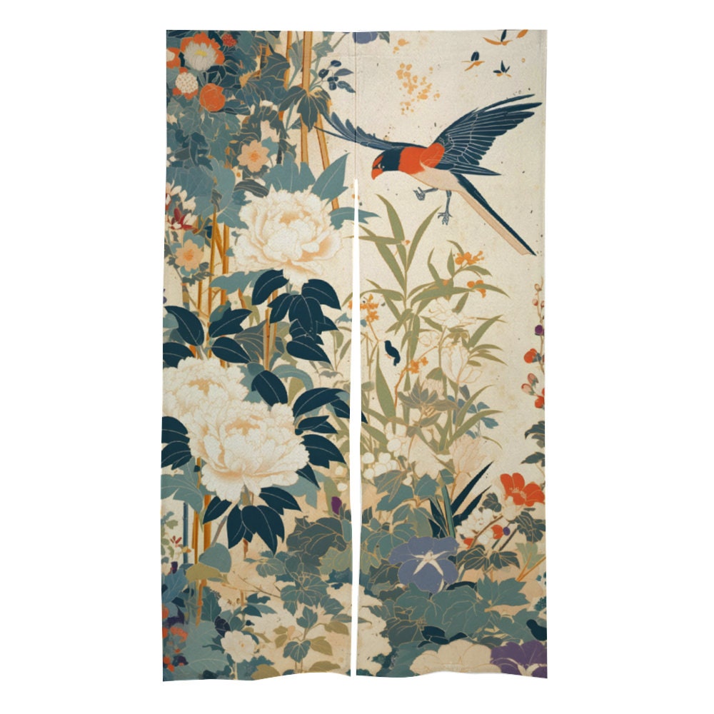 Japanese Noren, Japanese Spring Theme Birds in Wonderland Noren, Birds door curtain, oriental doorway curtain, Noren panel, Wall Tapestry