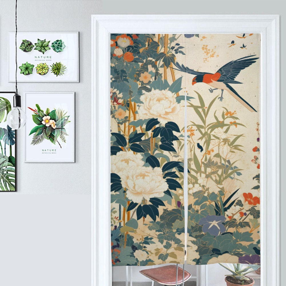 Japanese Noren, Japanese Spring Theme Birds in Wonderland Noren, Birds door curtain, oriental doorway curtain, Noren panel, Wall Tapestry