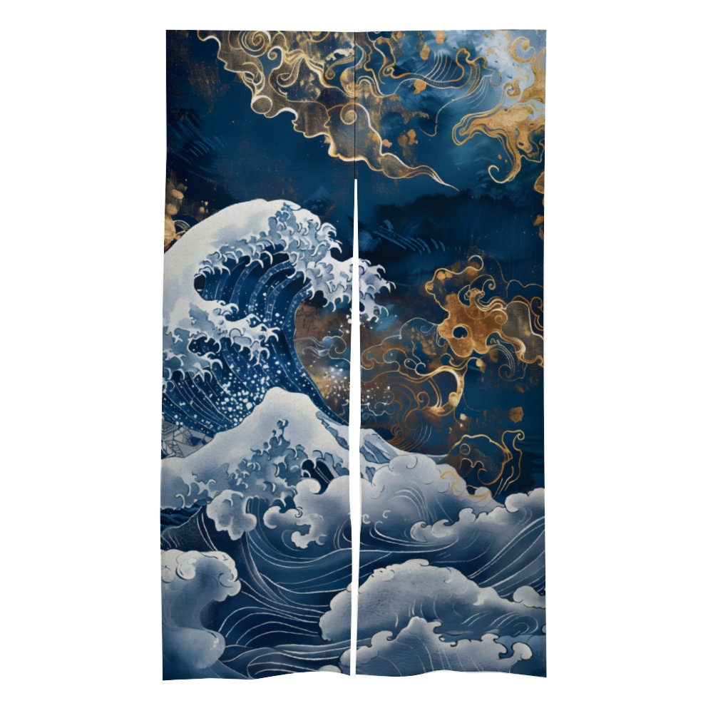 Japanese Noren Curtain, Japanese Gold and Blue Great Wave Curtain, Traditional Noren Door Curtain, Japanese Wave curtain, Japan Great Wave