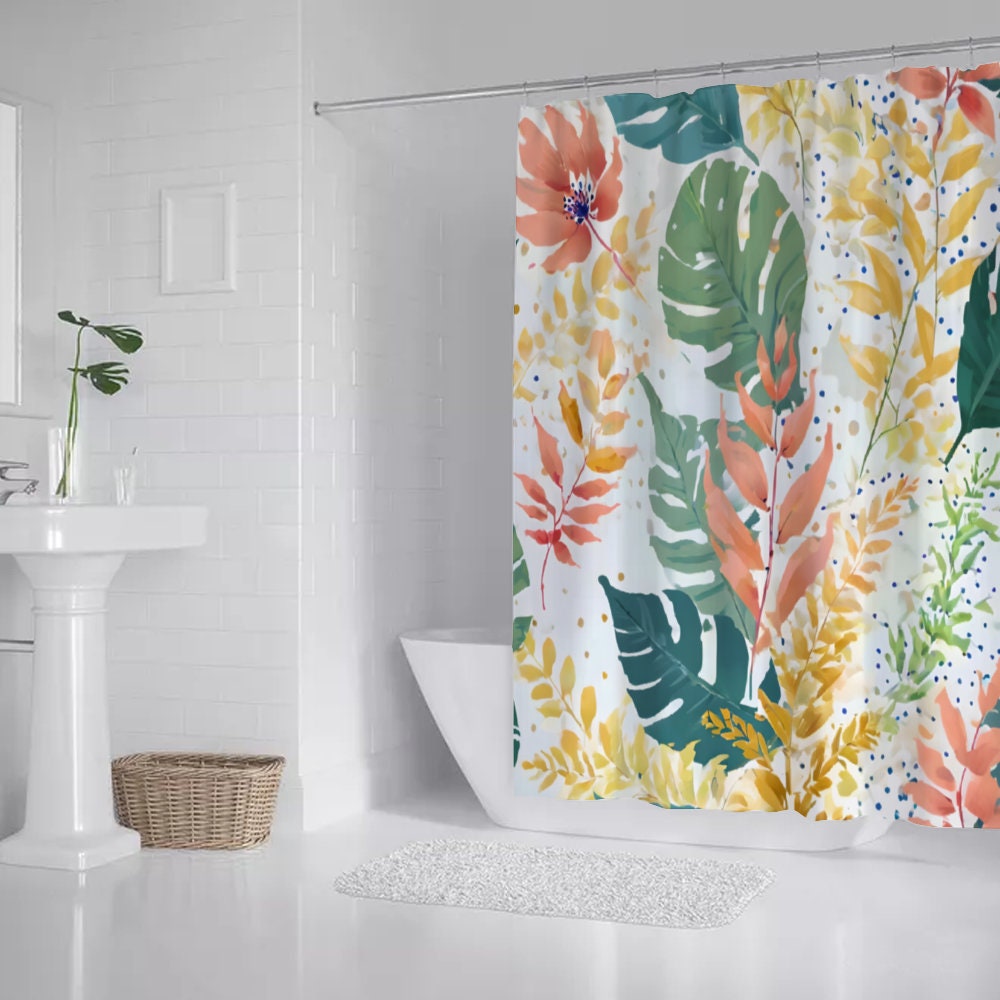 Botanical Shower Curtain - Tropical Plants Leaves Modern Fabric Waterproof Bathroom Decor With Hooks - Forest Shower Curtain