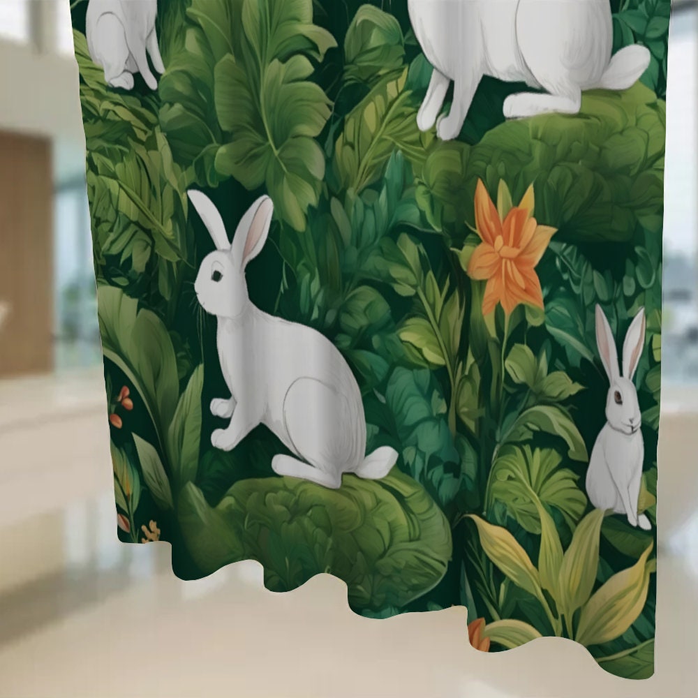 Wonderland Shower Curtain, Green Forest Shower Curtain, Green Shower Curtain, Rabbit Shower Curtain with Hooks, Bath Shower Curtain