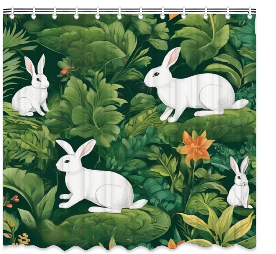 Wonderland Shower Curtain, Green Forest Shower Curtain, Green Shower Curtain, Rabbit Shower Curtain with Hooks, Bath Shower Curtain