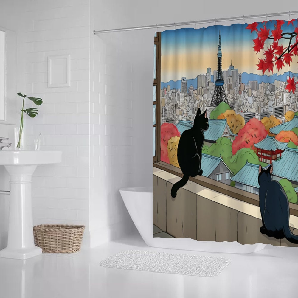 Japanese Cats Shower Curtain, Black Cats Looking at the Tower, Japanese Bathroom Decor with Hooks, Bathtube Shower Curtain, Waterproof