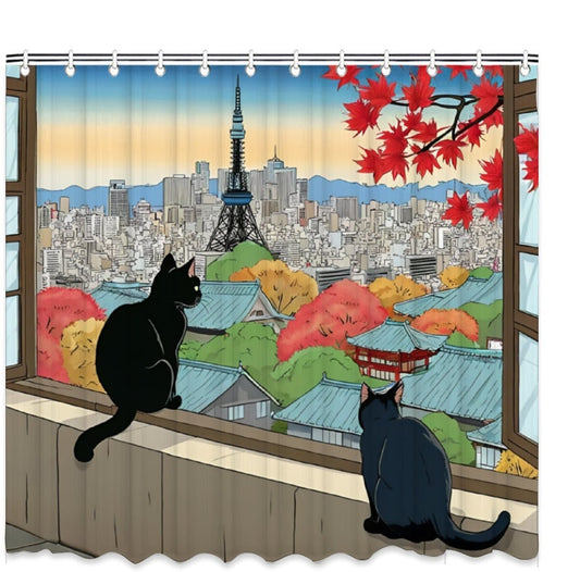 Japanese Cats Shower Curtain, Black Cats Looking at the Tower, Japanese Bathroom Decor with Hooks, Bathtube Shower Curtain, Waterproof