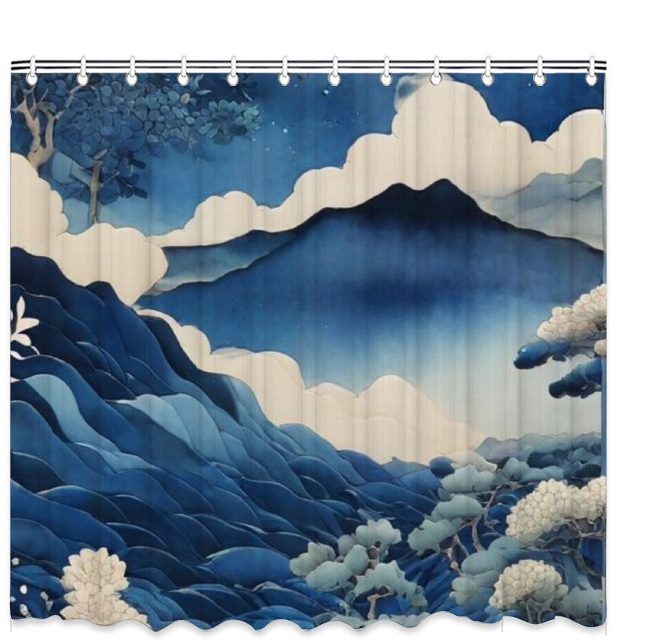 Japanese Ocean Shower Curtain, Blue Shower Curtain, Funny Gifts, Aesthetic Shower Curtain, Bathroom Décor, Waterproof shower curtain