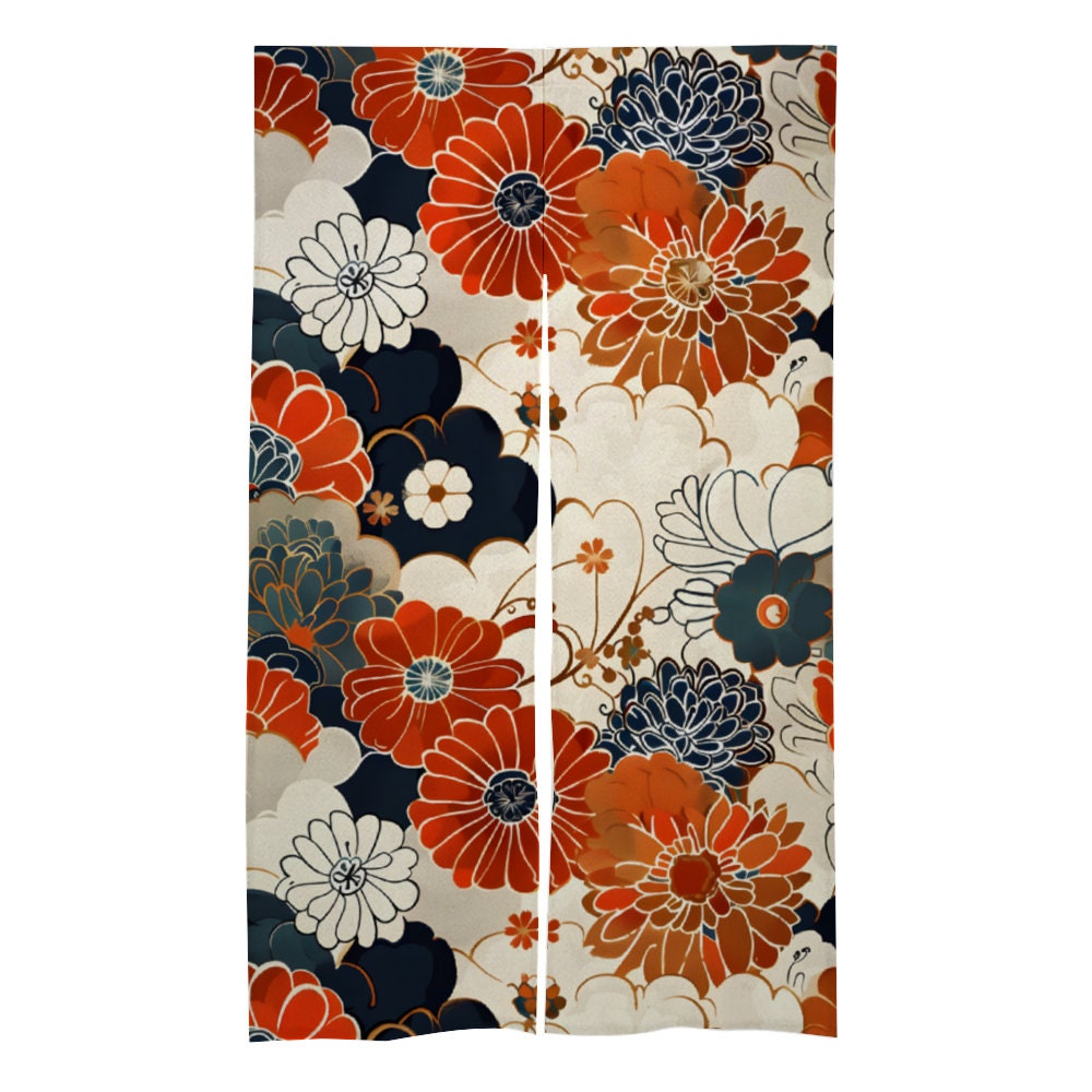 Japanese Noren Curtain, Mixed Floral Noren Door Curtain - Japanese Flower Pattern Room Divider - Japanese Noren, Japanese Door Curtain