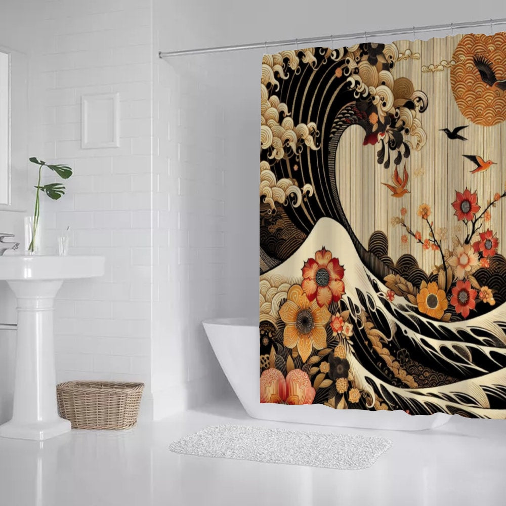 Japanese Wave and Floral Shower Curtain - Elegant Bathroom Decor, Traditional Japanese Art, Zen Home Decor, Nature-inspired Bath Curtain