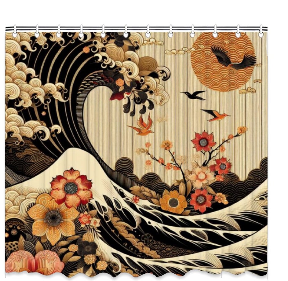 Japanese Wave and Floral Shower Curtain - Elegant Bathroom Decor, Traditional Japanese Art, Zen Home Decor, Nature-inspired Bath Curtain