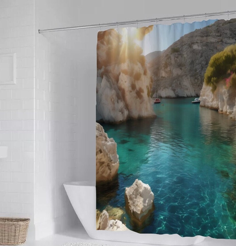 Mediterranean Cove Shower Curtain - Nature Bathroom Decor, Coastal Landscape, Seaside Bath Curtain, Tropical Paradise, Waterproof