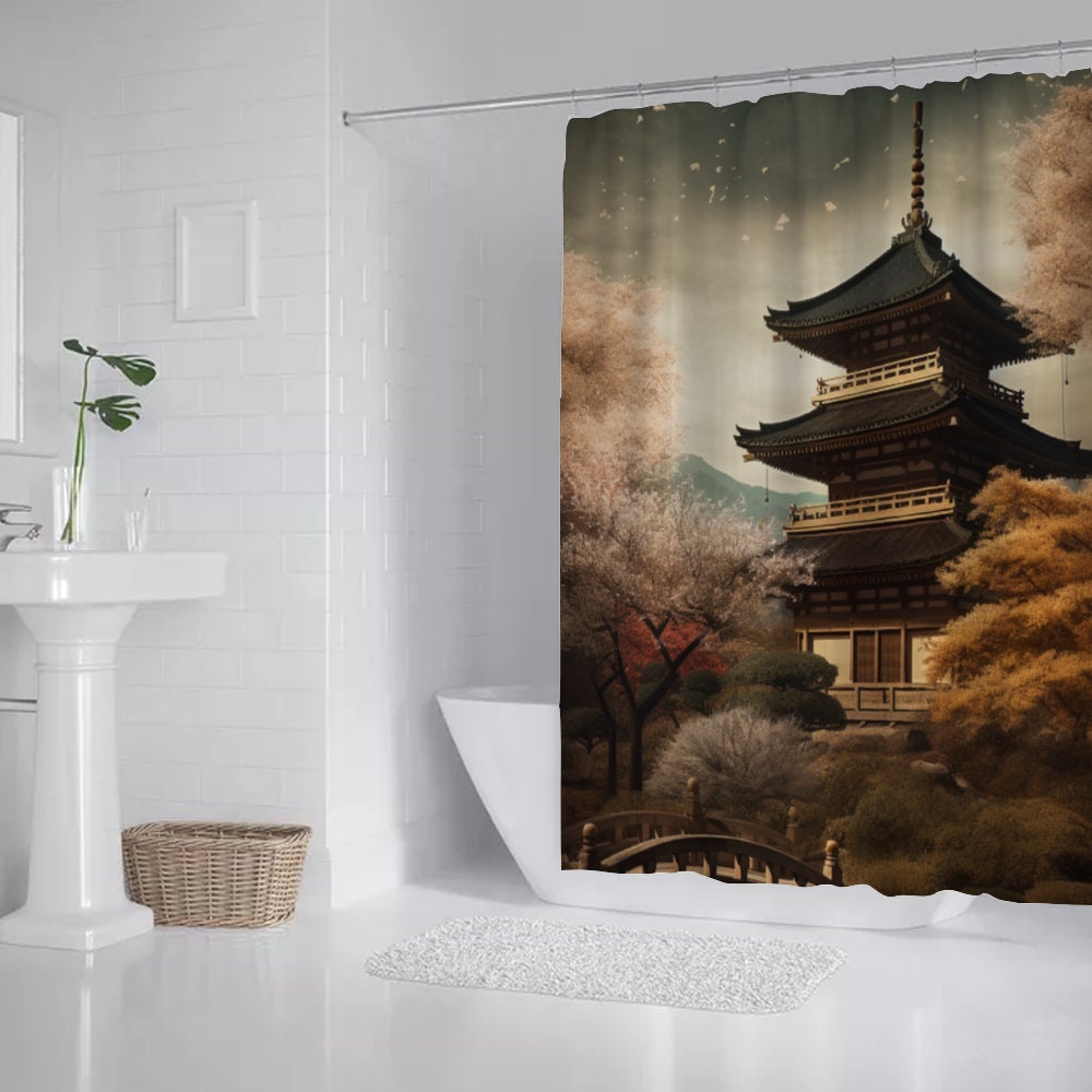 Japan Landscape Shower Curtain,  Kyoto Temple Shower Curtain, Aesthetic Shower Curtain, Bathroom Décor, Waterproof shower curtain