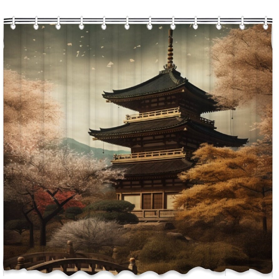 Japan Landscape Shower Curtain,  Kyoto Temple Shower Curtain, Aesthetic Shower Curtain, Bathroom DÃ©cor, Waterproof shower curtain