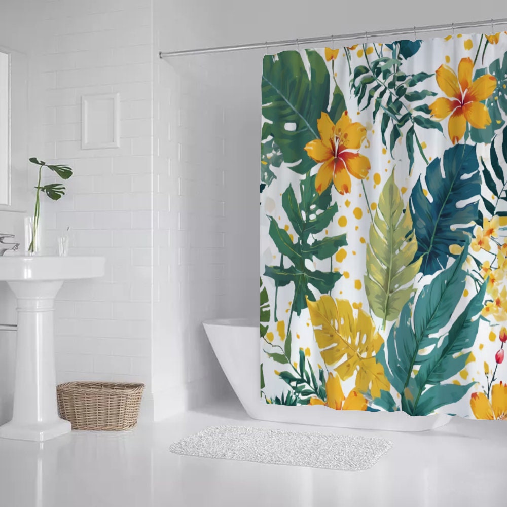 Botanical Shower Curtain - Tropical Floral Forest Modern Fabric Waterproof Bathroom Decor With Hooks - Forest Shower Curtain