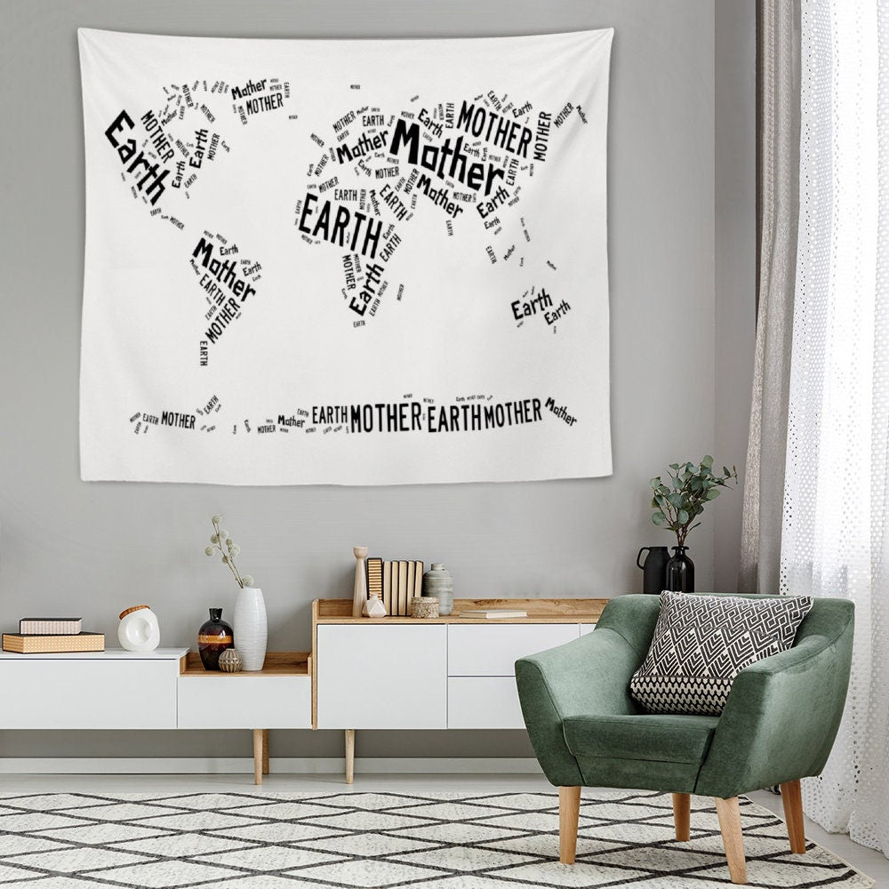 Funny Tapestry, Wall Hanging Tapestry, Typography world map, Mother Earth Text Wall Art, Include wall hanging kits