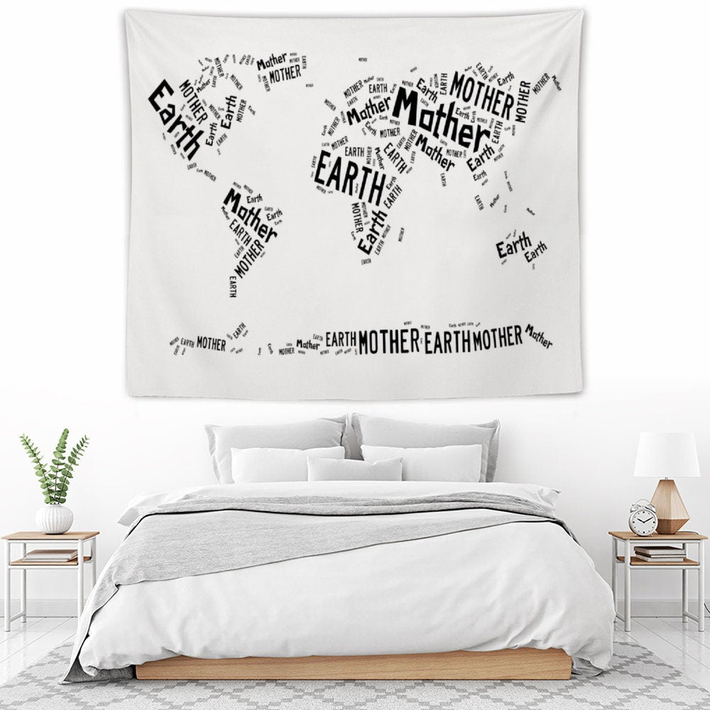 Funny Tapestry, Wall Hanging Tapestry, Typography world map, Mother Earth Text Wall Art, Include wall hanging kits