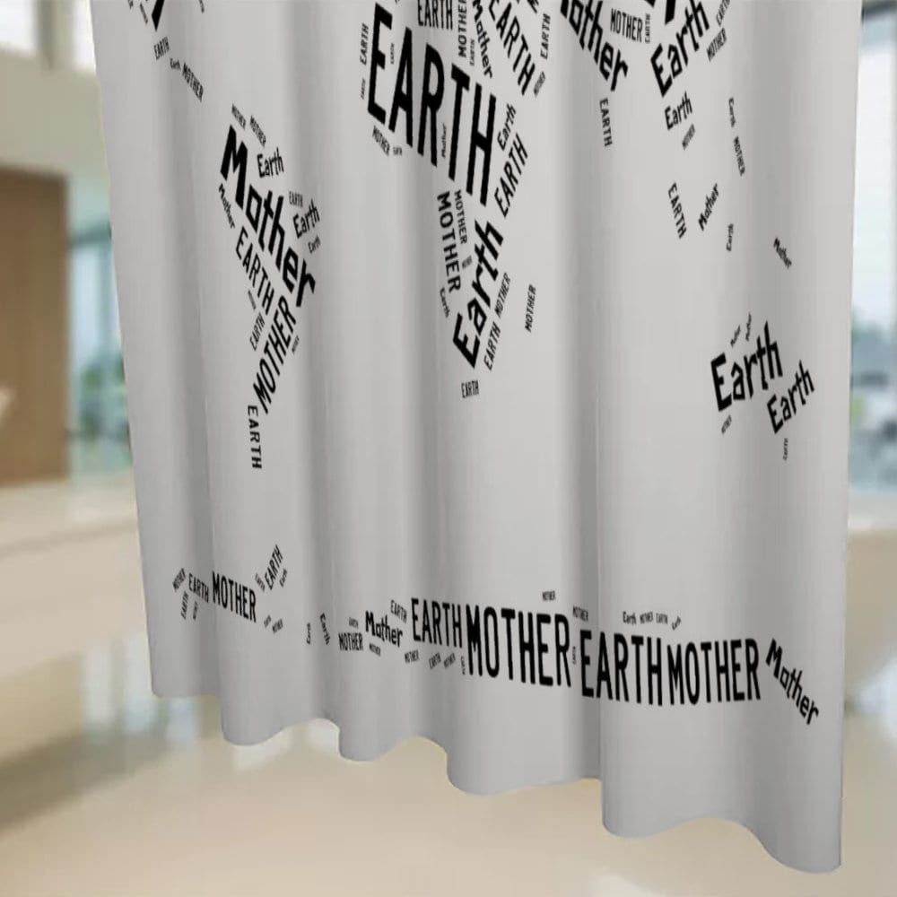 Funny Shower Curtain, Typography World Map Curtain, Mother Earth Text Bath Curtain, Bath Shower Curtain with C-shaped hooks