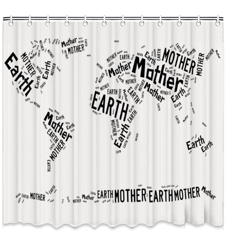 Funny Shower Curtain, Typography World Map Curtain, Mother Earth Text Bath Curtain, Bath Shower Curtain with C-shaped hooks