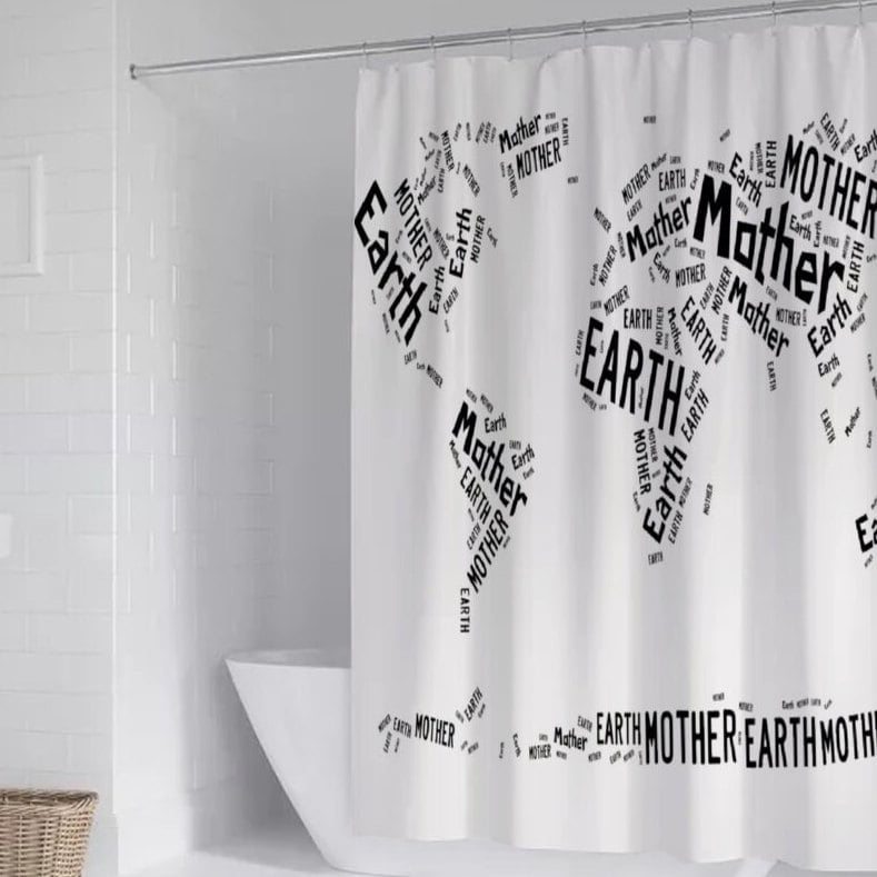 Funny Shower Curtain, Typography World Map Curtain, Mother Earth Text Bath Curtain, Bath Shower Curtain with C-shaped hooks