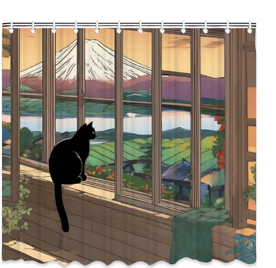 Japanese Cat Shower Curtain, Traditional Japanese Bathroom Decor with Hooks, Mt Fuji Bath Shower Curtain, Artwork Shower Curtain, Waterproof