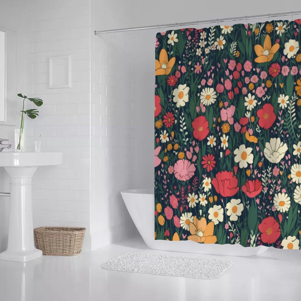 Black Botanical Wild Floral Forest Shower Curtain, Plants Flower Waterproof Curtain, Nature Bath Decor Bathroom Curtain, Housewarming Gift