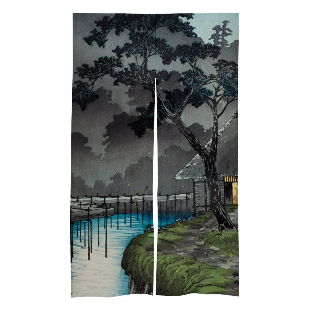 Japanese Night Landscape Noren Curtain - Room Divider for Home Decor - Japanese Noren - Doorway Curtain - Kyoto Door Curtain