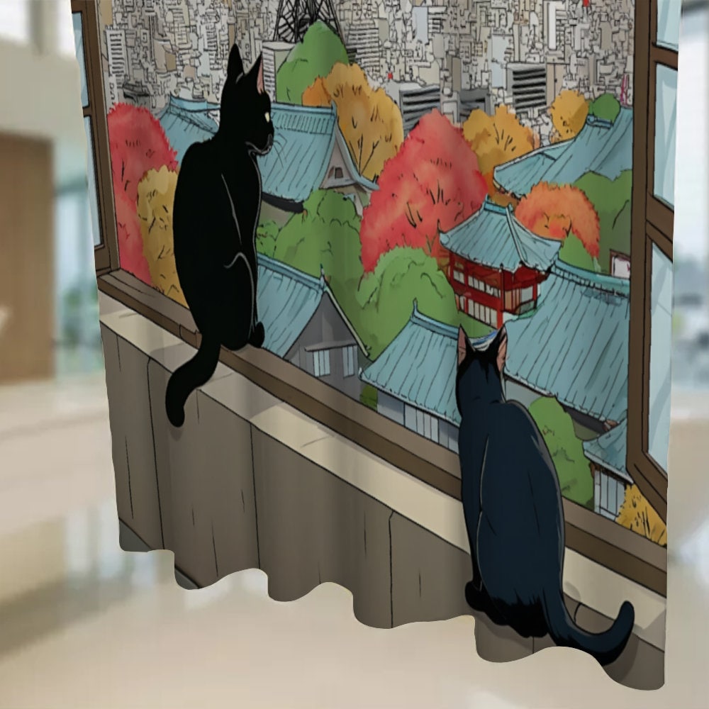 Japanese Cats Shower Curtain, Black Cats Looking at the Tower, Japanese Bathroom Decor with Hooks, Bathtube Shower Curtain, Waterproof