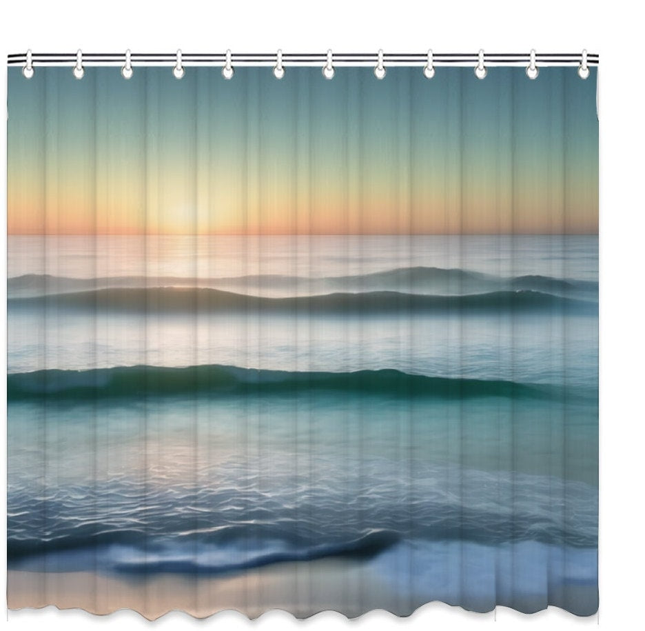 Ocean Sunset Landscape Shower Curtain, Waves Shower Curtain, Bathtub Shower Curtain, Waterproof shower curtain