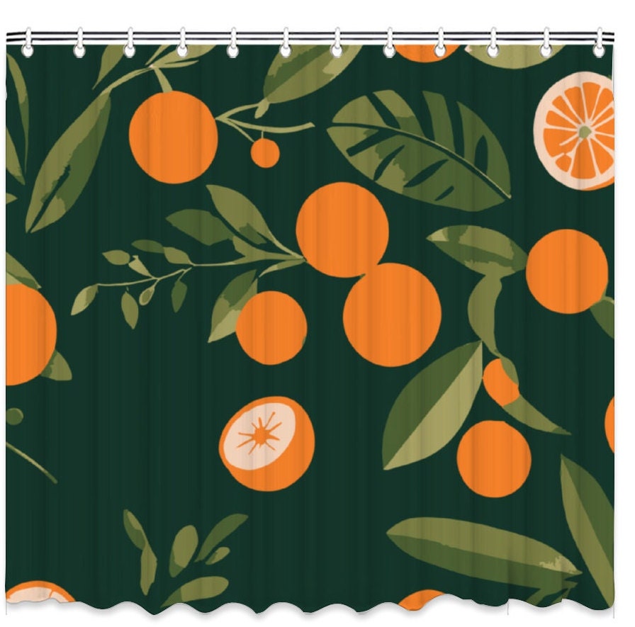 Botanical Tropical Fruit Shower Curtain - Orange Tree Modern Fabric Waterproof Bathroom Decor With Hooks - Bathtub Curtain