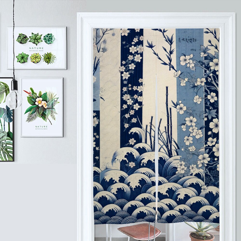 Japanese Noren, Japanese Door Curtain Featuring Japanese Traditional Elements, Cherry Blossom, Bamboo, Room Divider, Doorway Curtain