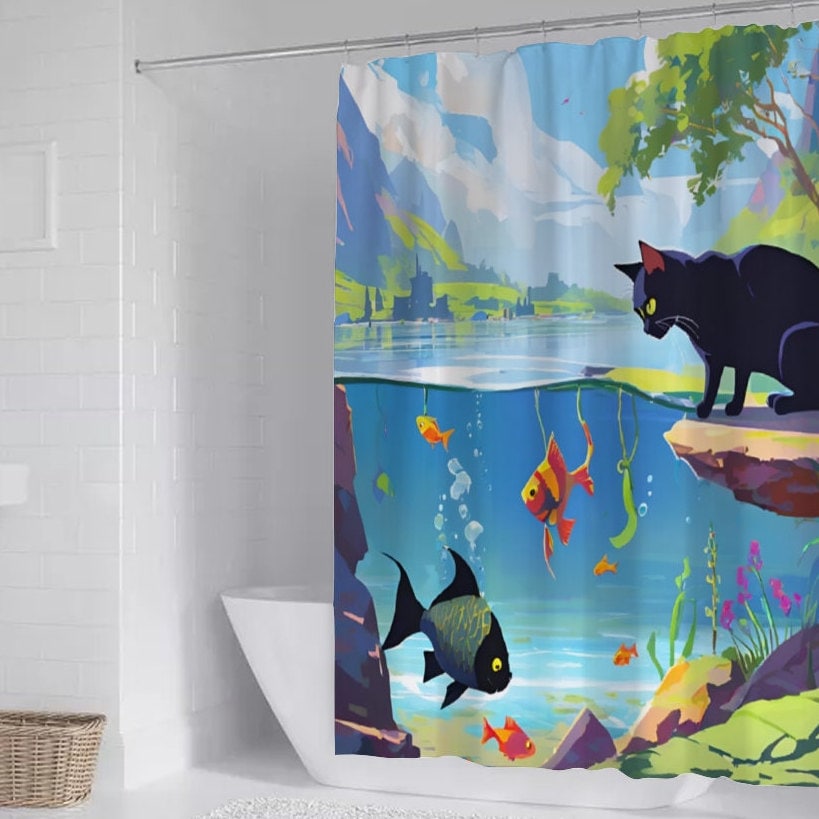 Funny Japanese Cat Shower Curtain, Japanese Bathroom Decor with Hooks, Bath Curtain, Artwork Shower Curtain, Cat Lover Gift, Waterproof