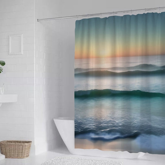 Ocean Sunset Landscape Shower Curtain, Waves Shower Curtain, Bathtub Shower Curtain, Waterproof shower curtain