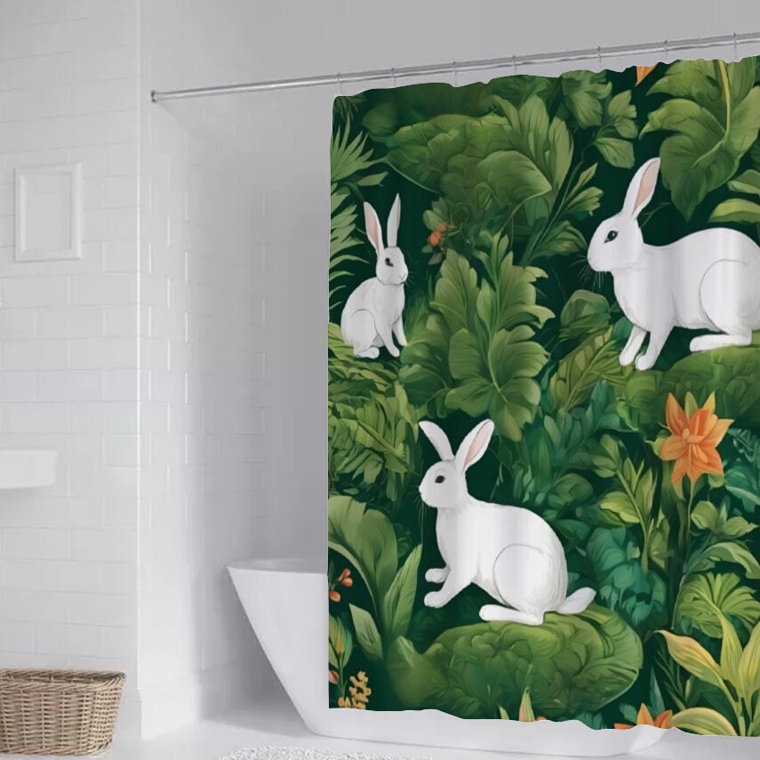 Wonderland Shower Curtain, Green Forest Shower Curtain, Green Shower Curtain, Rabbit Shower Curtain with Hooks, Bath Shower Curtain