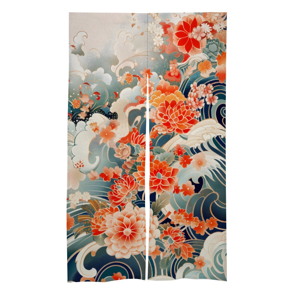 Japanese Noren, Japanese Mixed Floral Pattern Noren Curtain - Room Divider for Home Decoration - Entryway Curtain, Japanese Door Curtain