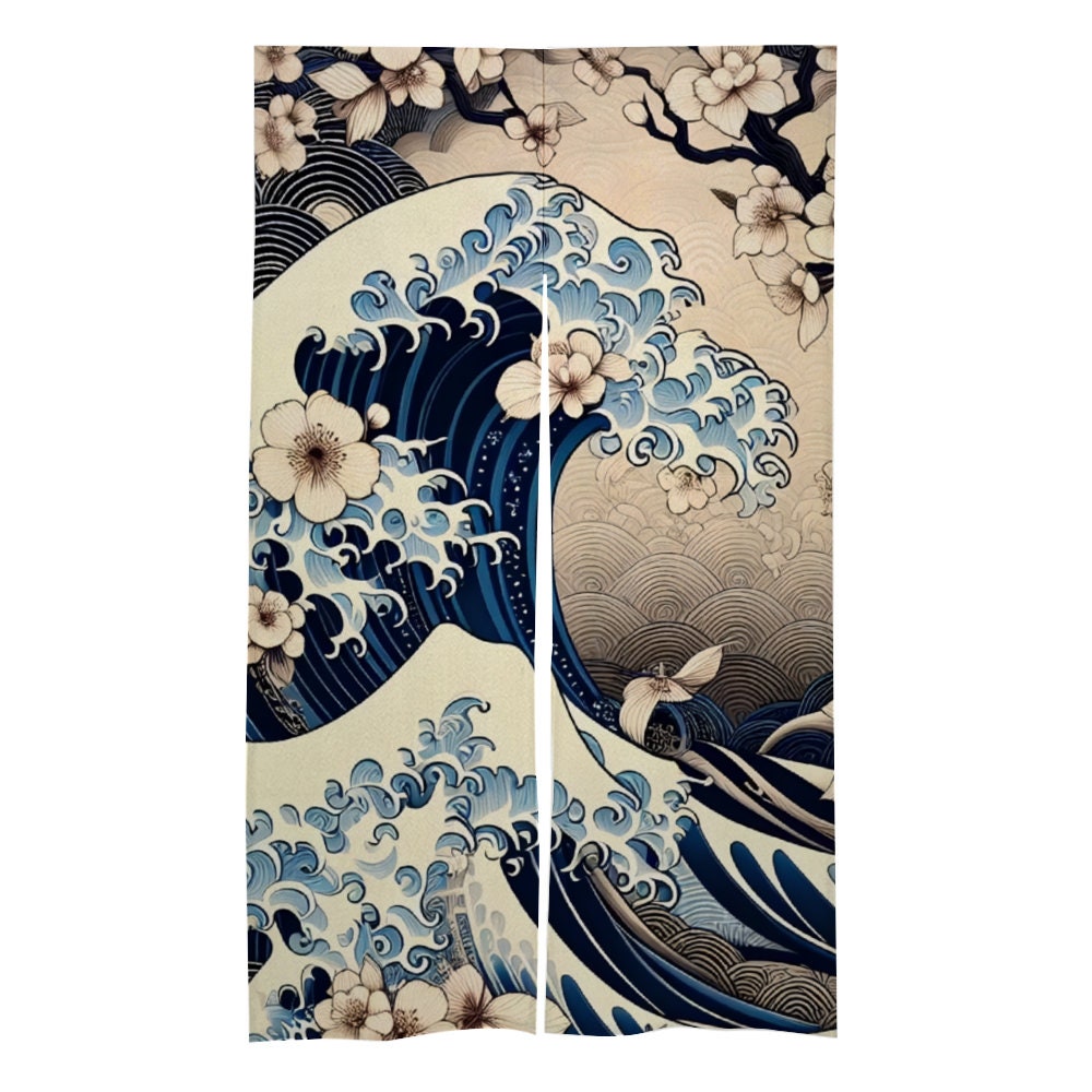 Japanese Noren, Japanese Great Great Wave Curtain, Traditional Noren Door Curtain, Japanese Wave curtain, Japan Great Wave Room Divider