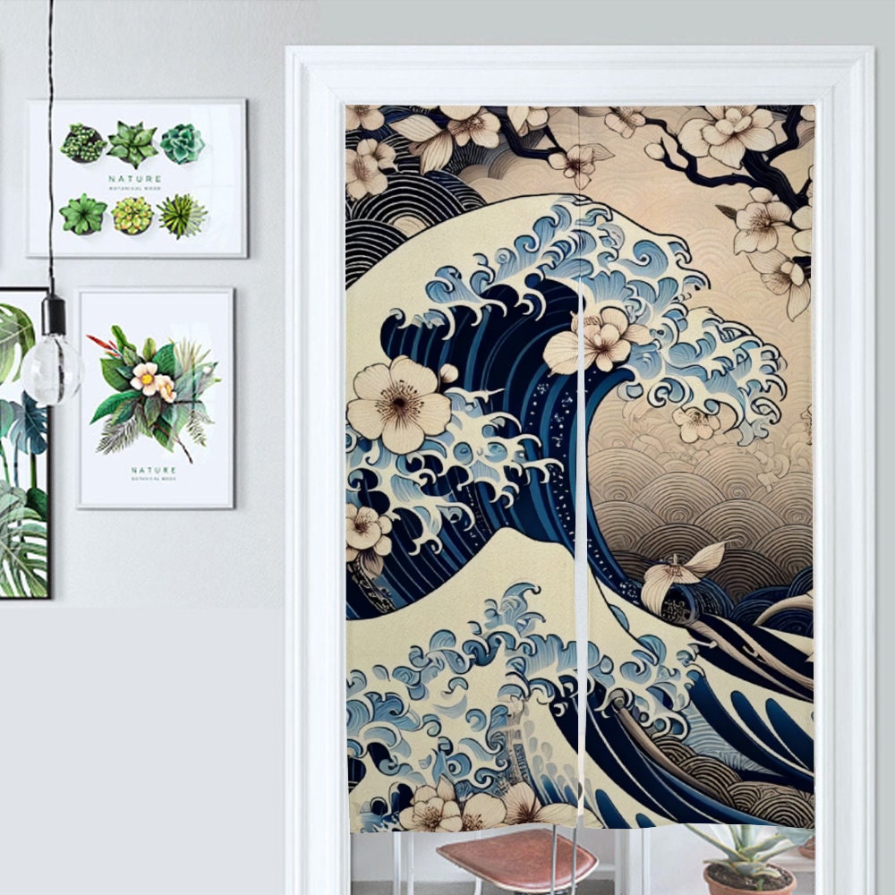 Japanese Noren, Japanese Great Great Wave Curtain, Traditional Noren Door Curtain, Japanese Wave curtain, Japan Great Wave Room Divider