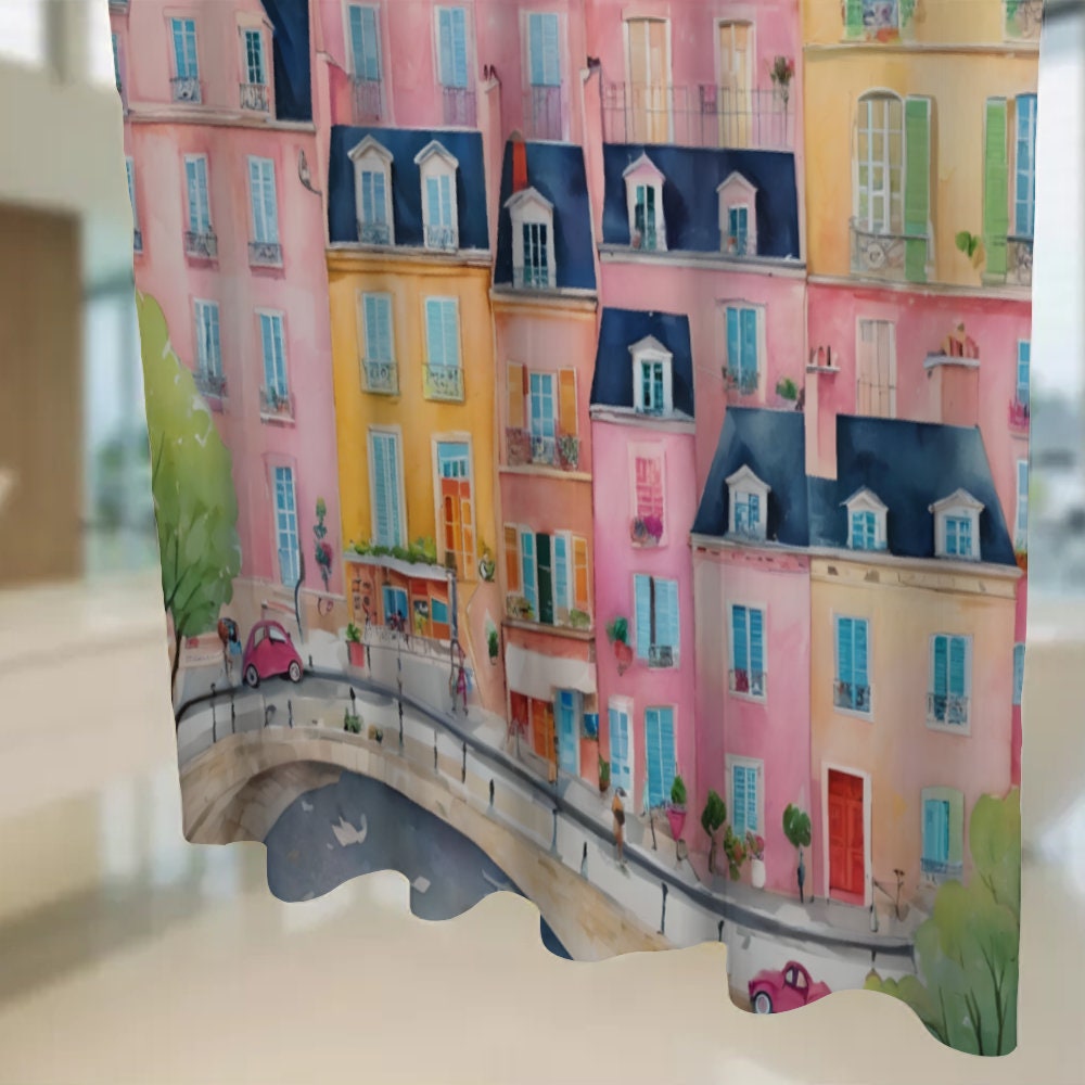 Colorful Old Town Paris Theme Shower Curtain, Bath Shower Curtain, Waterproof shower curtain with C-shaped hooks